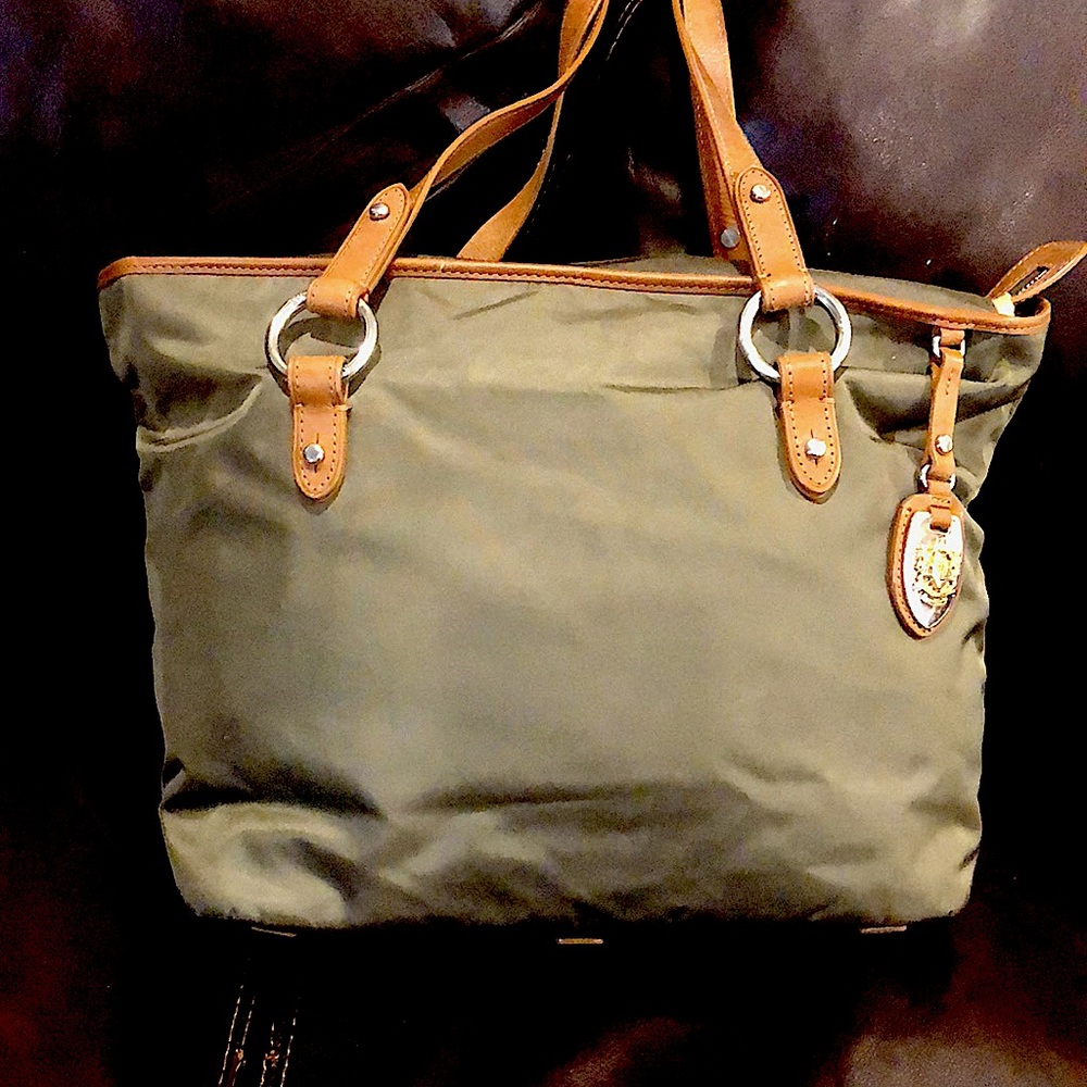 RALPH LAUREN Olive Green Nylon Top Zipper And Leather Shoulder Bag Vintage